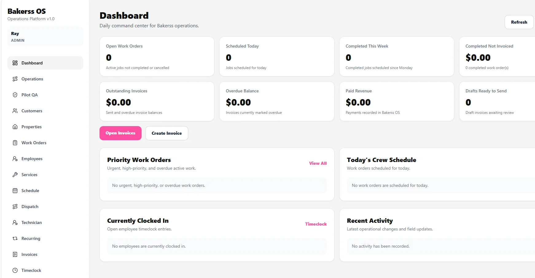 Bakerss operations platform used to manage property work orders, scheduling, technicians and service records