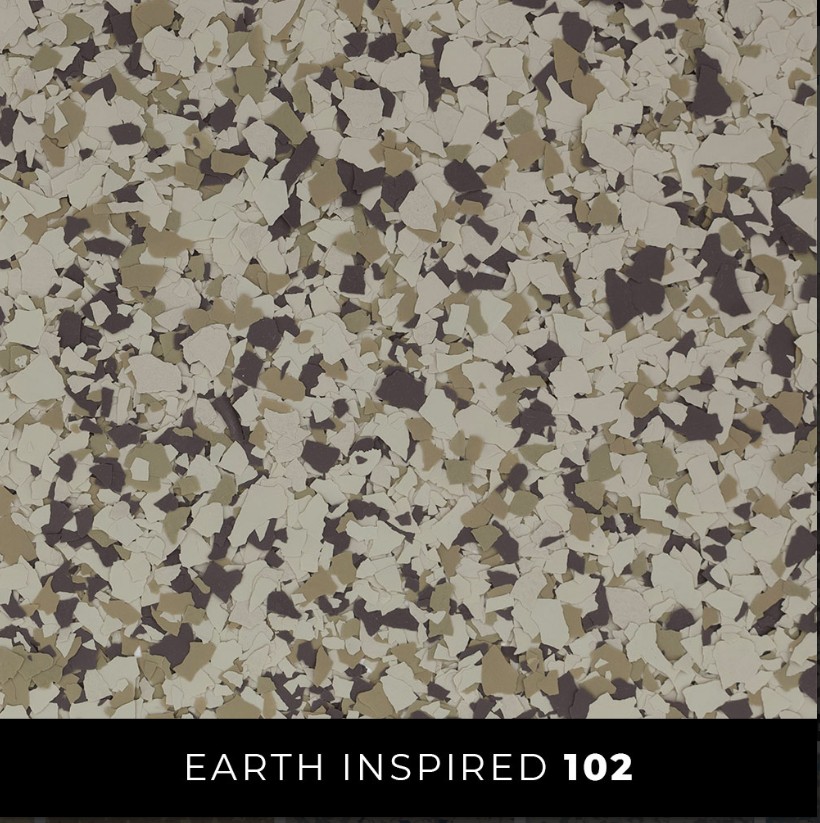 Epoxy color sample Earth Inspired 102 - cream tan charcoal flake flooring