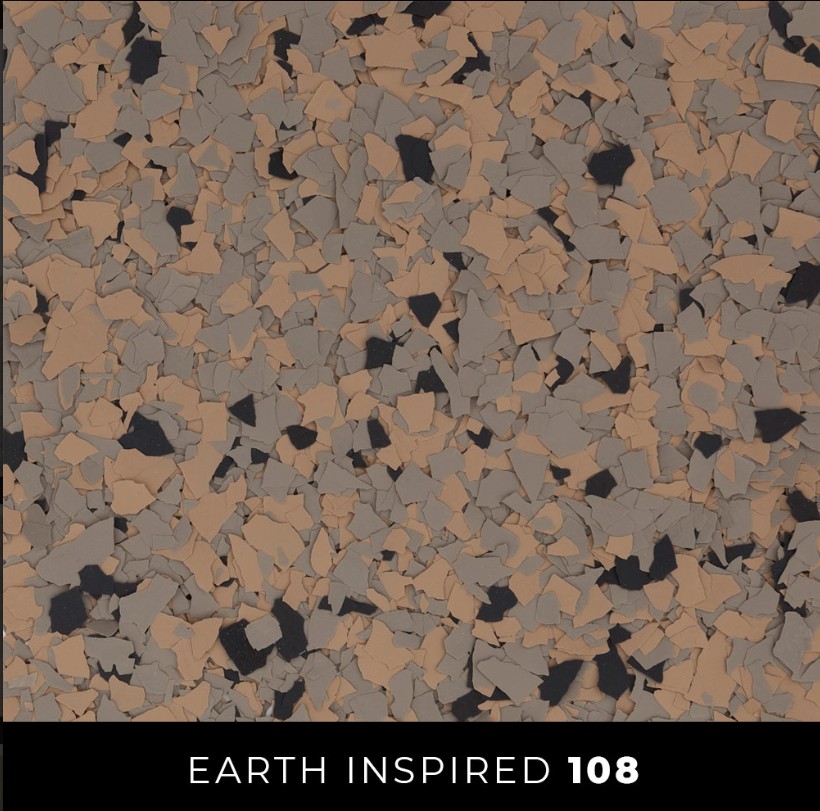 Epoxy 108 tan caramel gray black flake flooring
