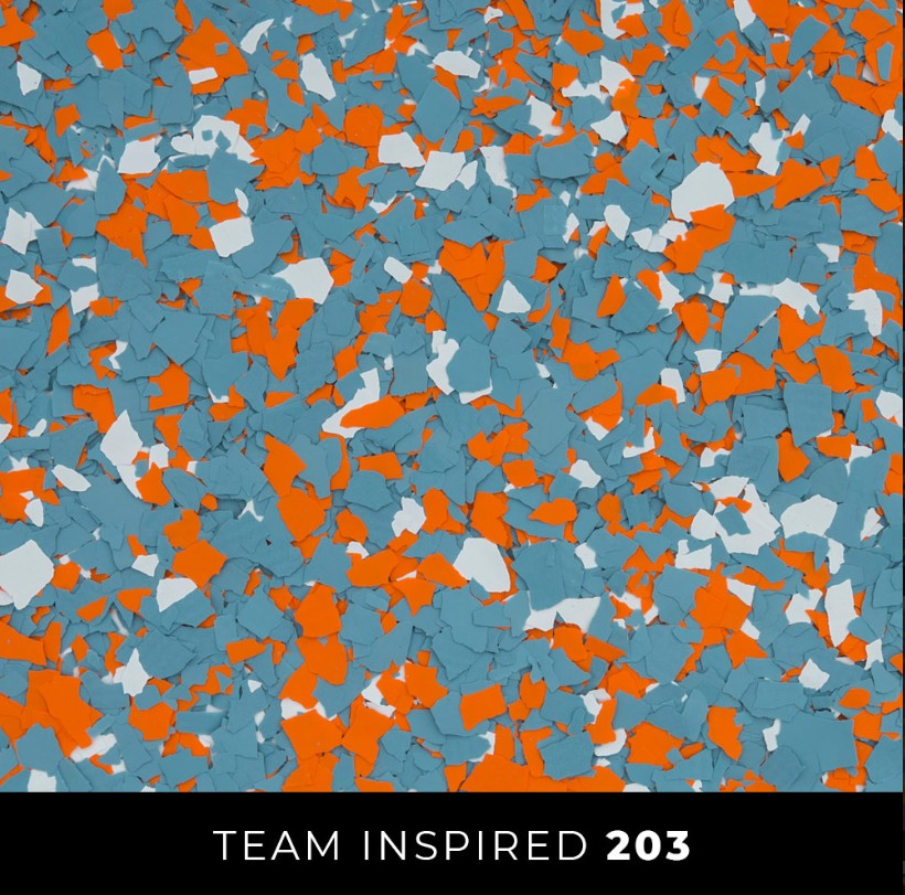 Epoxy 203 orange teal white flake flooring