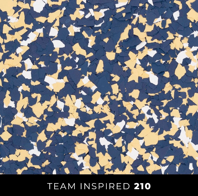 Epoxy 210 navy gold tan white flake flooring