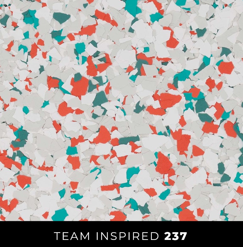 Epoxy 237 white teal orange coral flake floor
