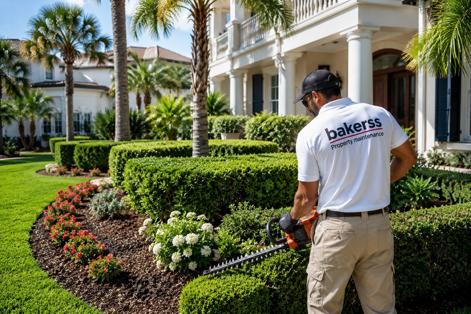 Bakerss employee trimming hedges luxury home palms — Conway SC