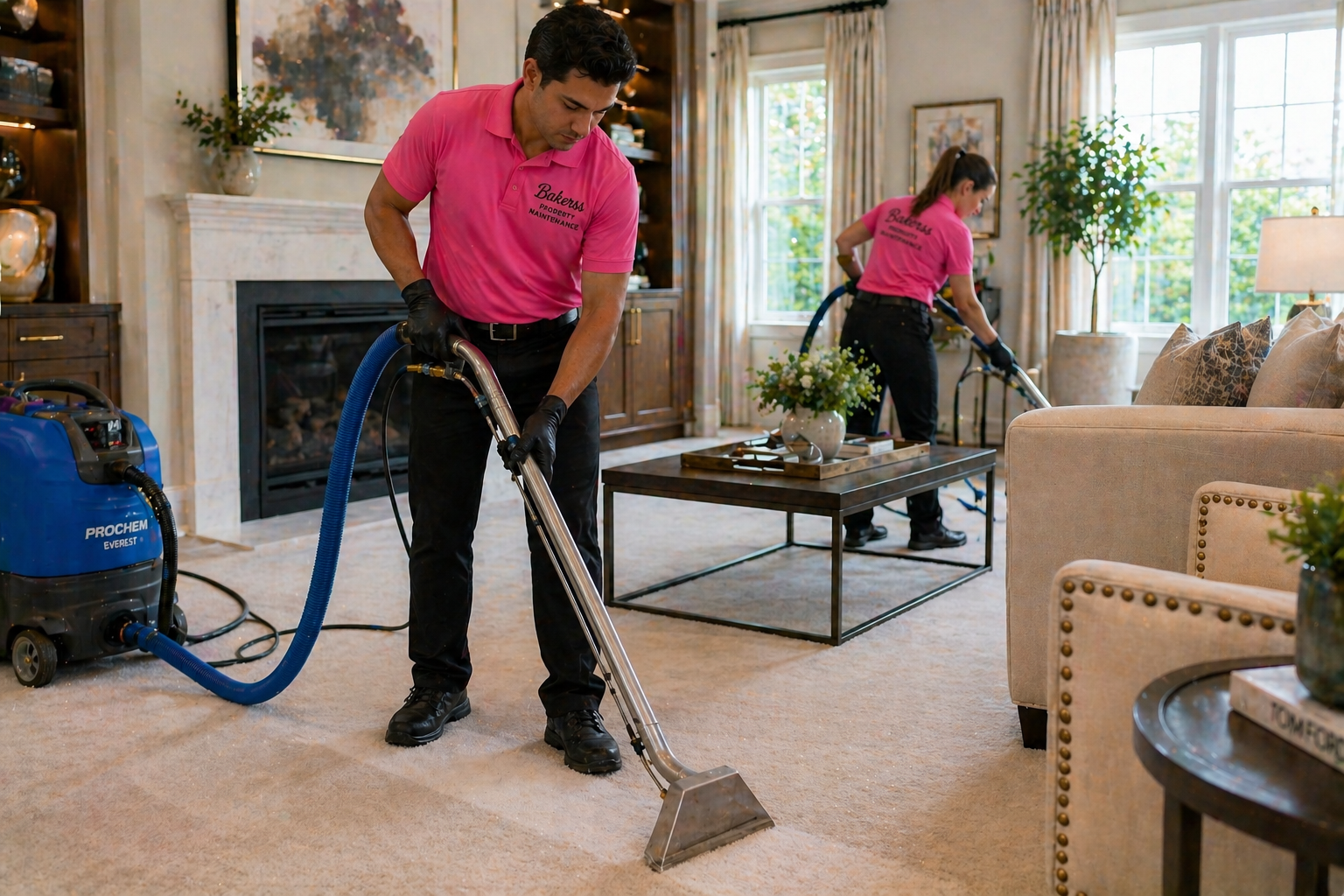 BakerSS team member scrubbing marble bathroom floor — Horry County SC