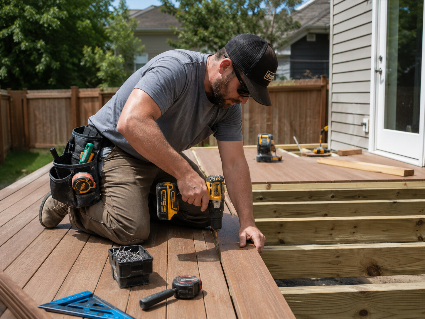 Contractor drilling composite decking boards DeWalt drill — Surfside Beach SC