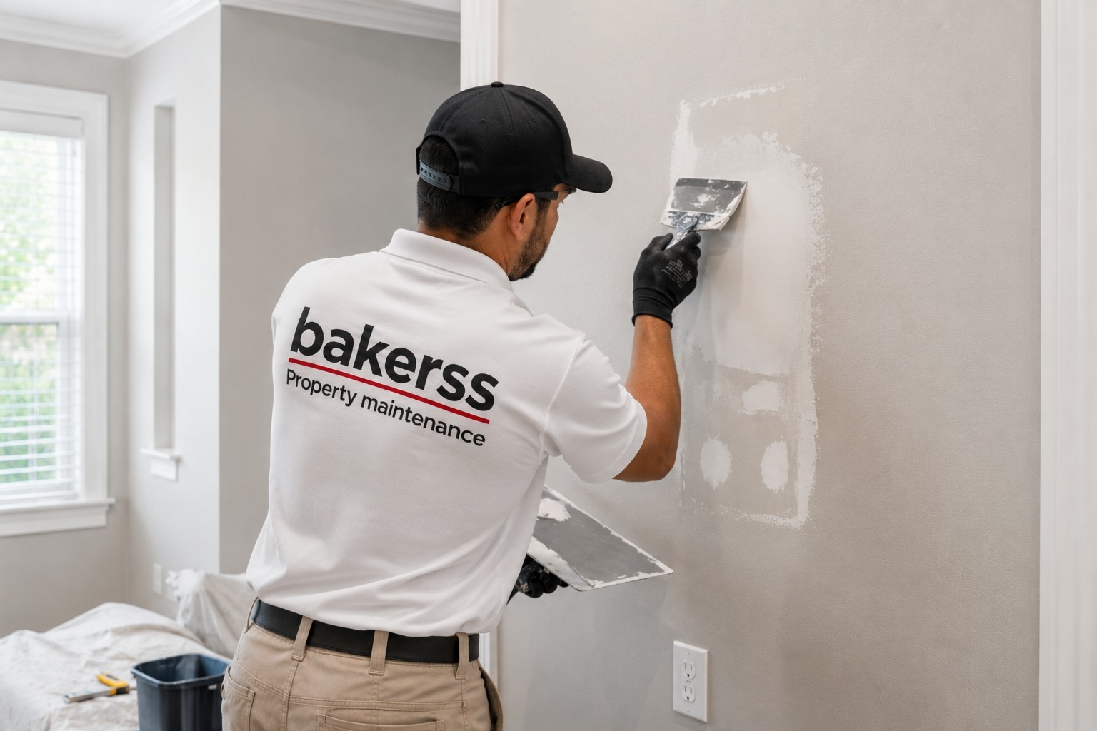 Bakerss employee skim-coating drywall patch — Myrtle Beach SC