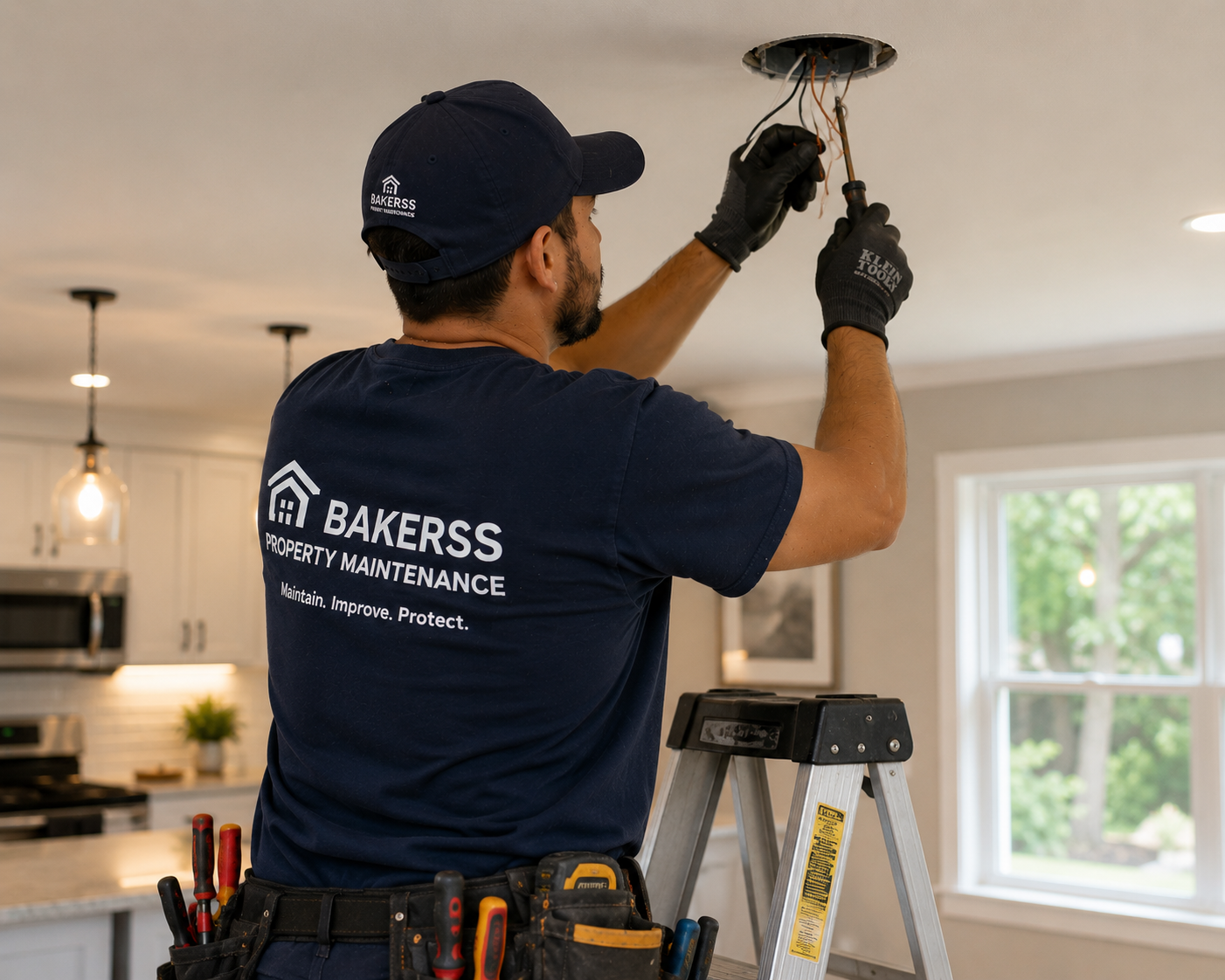 Bakerss employee installing recessed ceiling light on ladder — Myrtle Beach SC