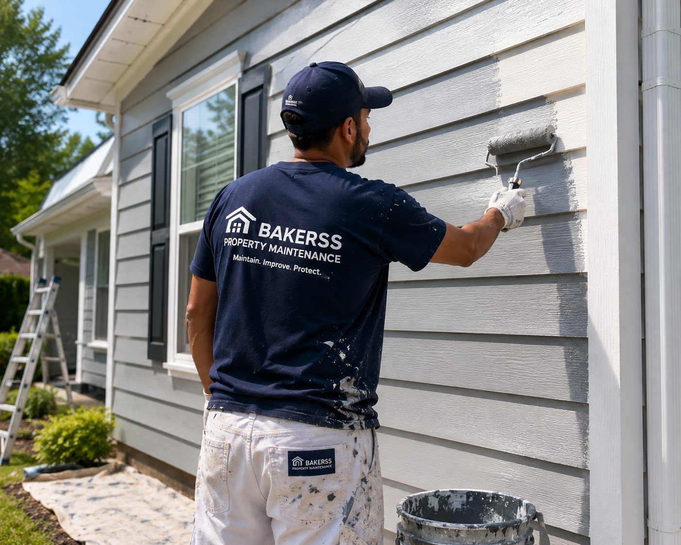 Bakerss employee rolling gray exterior paint on siding — Murrells Inlet SC