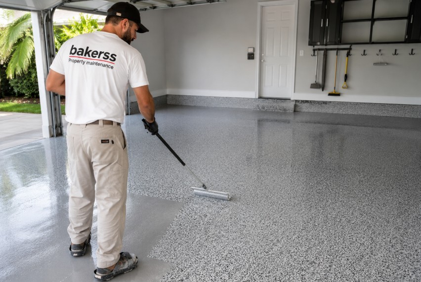 Bakerss employee rolling epoxy garage floor palm tree outside — Forestbrook Myrtle Beach SC