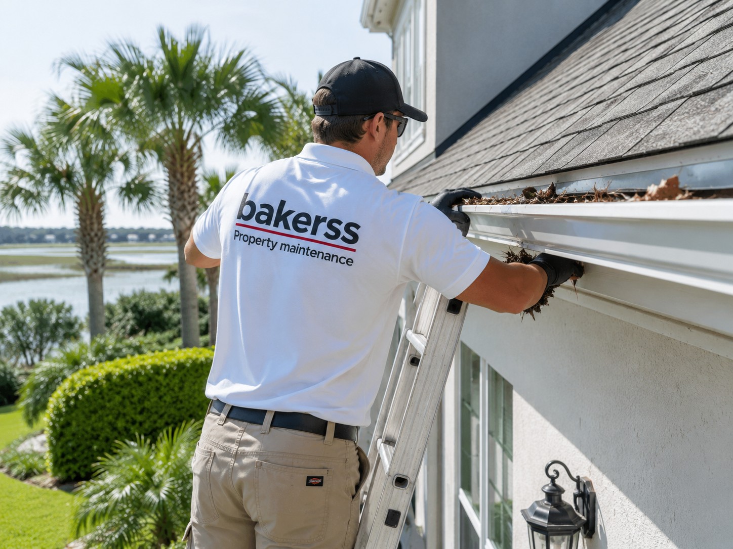 Bakerss employee cleaning gutters coastal home tidal marsh — Murrells Inlet SC