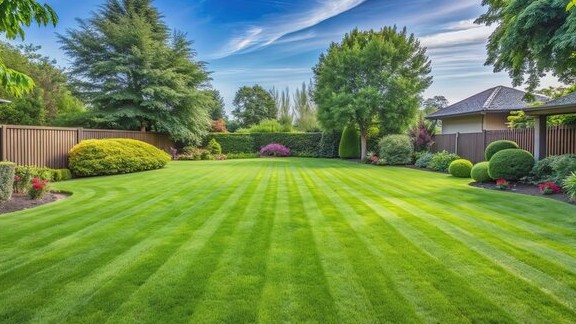Striped lawn manicured beds shaped hedges — Horry County SC