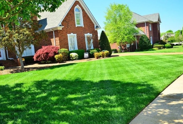 Brick home manicured lawn Japanese maple sculpted evergreens — Myrtle Beach SC