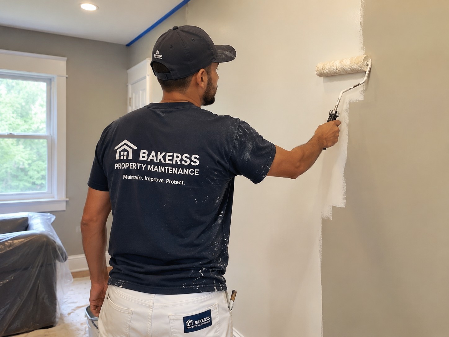 Bakerss employee rolling interior wall paint — Myrtle Beach SC