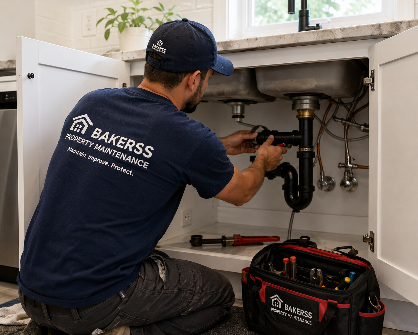 Bakerss employee repairing under-sink plumbing — Horry County SC