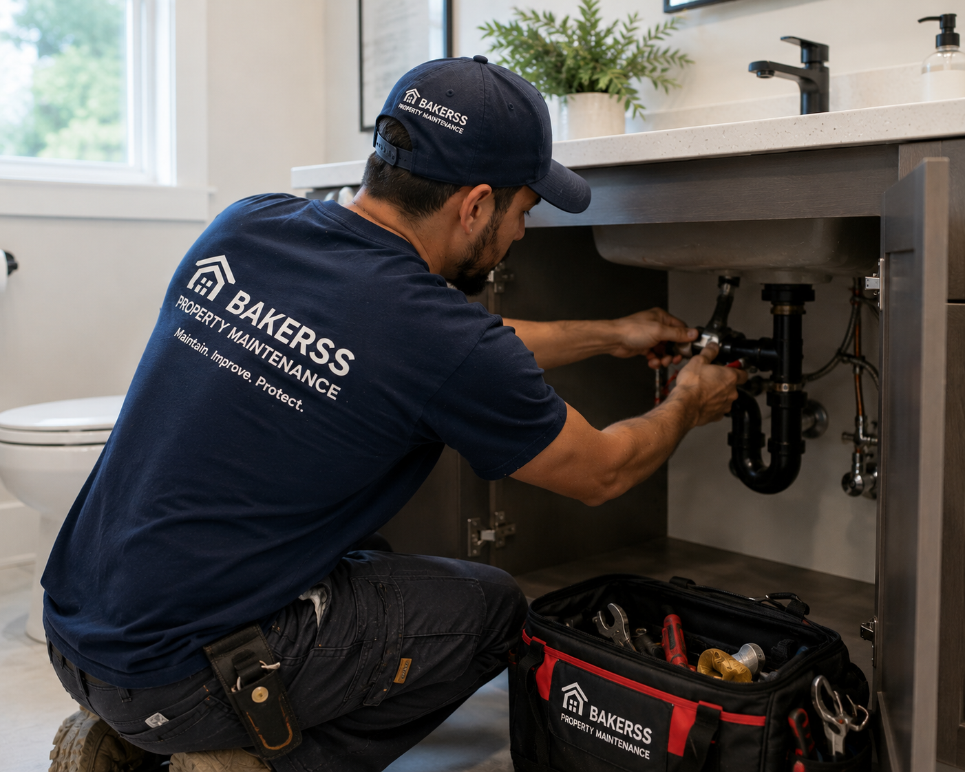 Bakerss employee repairing bathroom vanity plumbing — Horry County SC