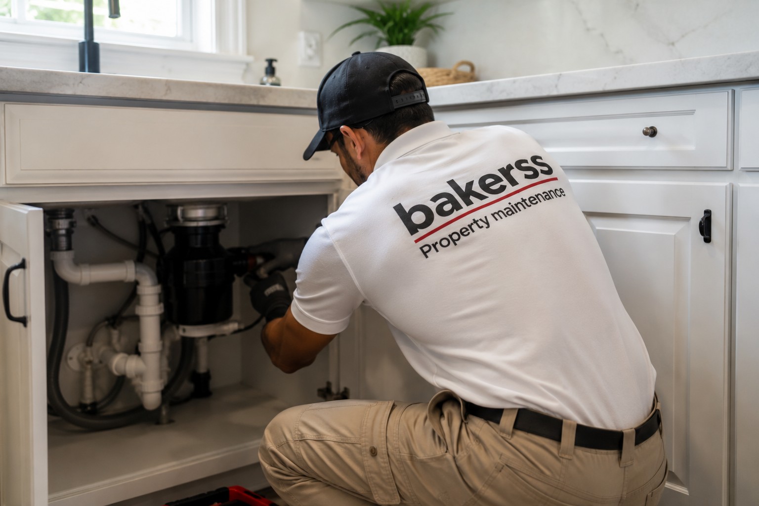 Bakerss employee repairing kitchen sink drain — Murrells Inlet SC