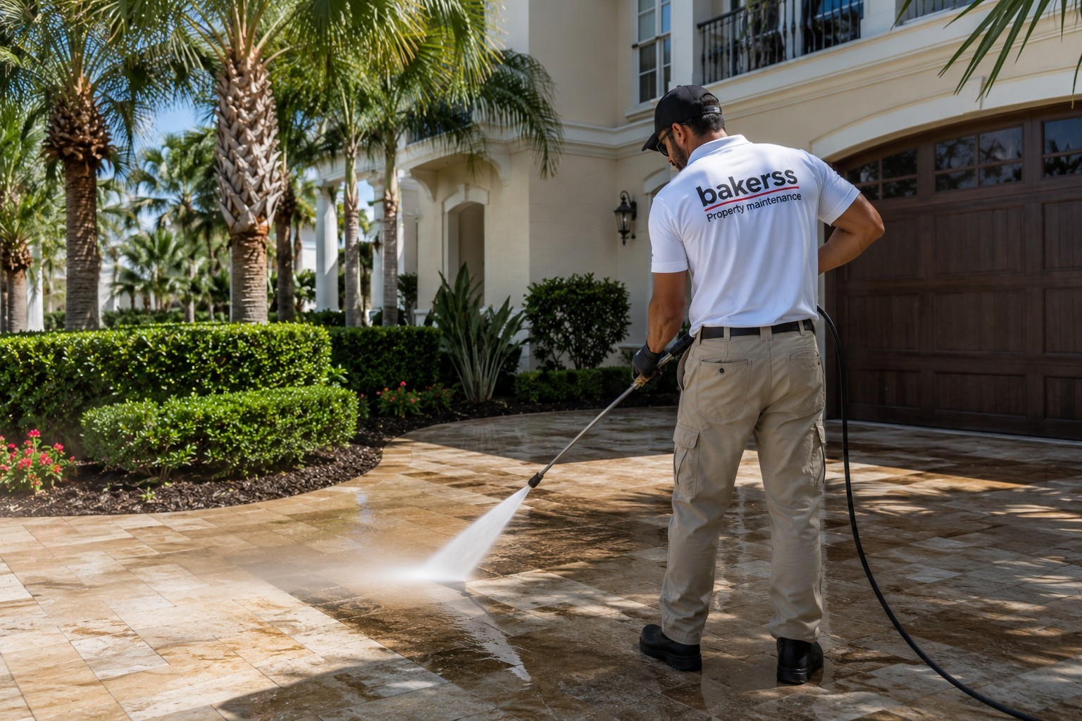 Bakerss employee pressure washing travertine driveway luxury home — Carolina Forest SC