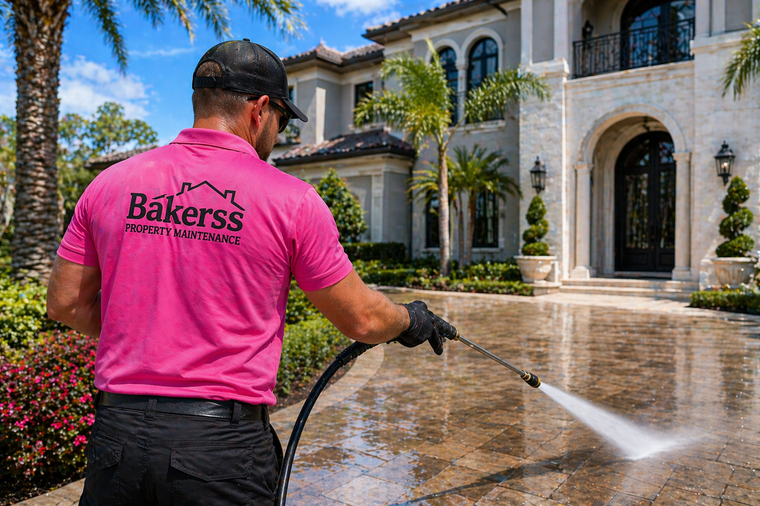 Bakerss employee pressure washing paver driveway luxury estate — Myrtle Beach SC