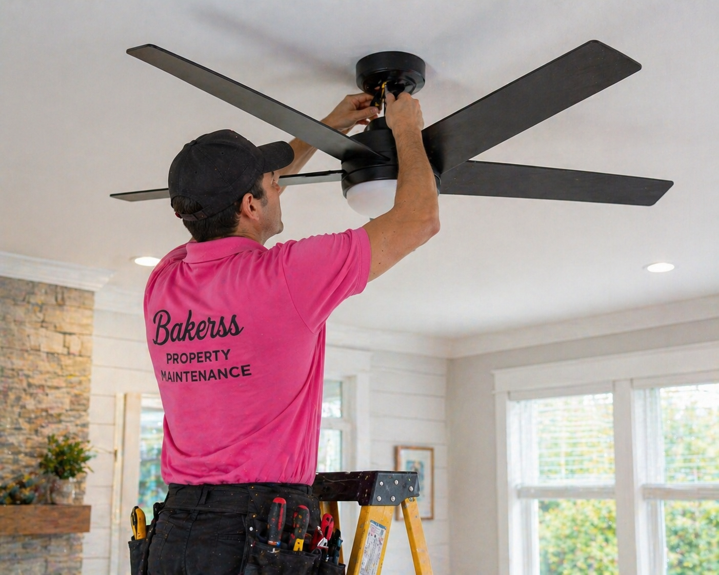 Bakerss employee installing ceiling fan — Horry County SC