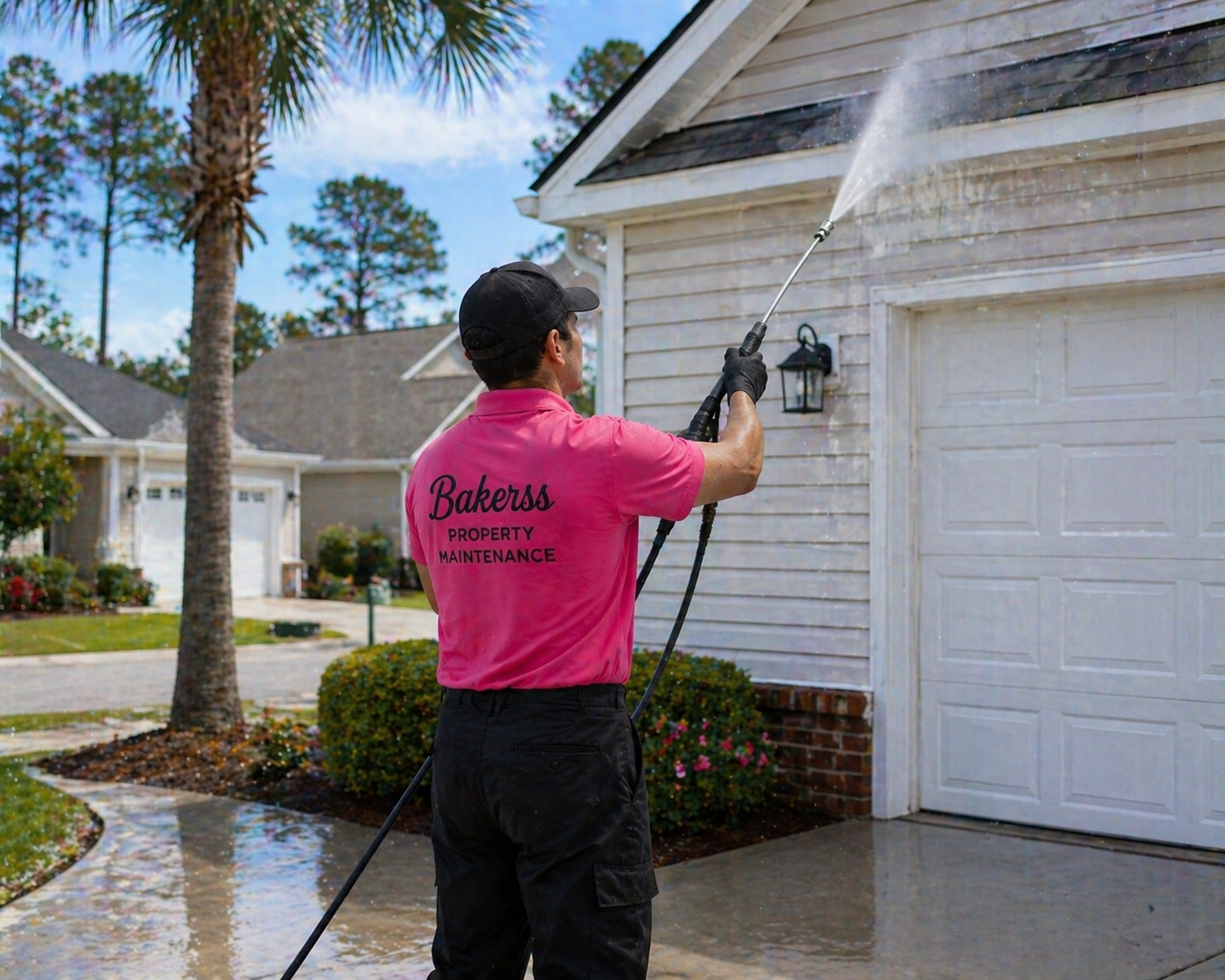 Bakerss employee pressure washing garage door and siding — Horry County SC