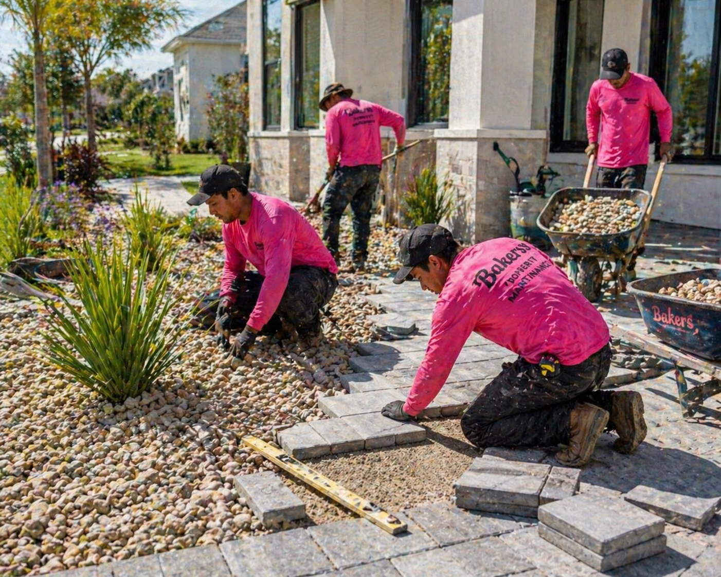 Bakerss four-man crew installing paver walkway river rock — Myrtle Beach SC