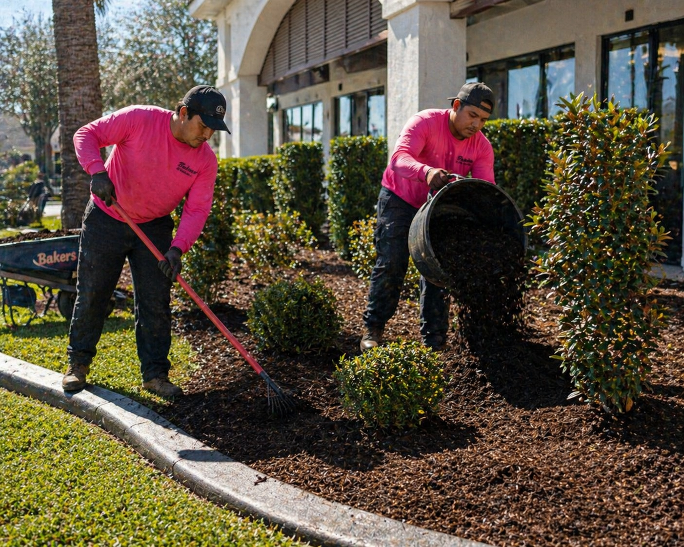Bakerss crew spreading mulch commercial hedge beds — Horry County SC