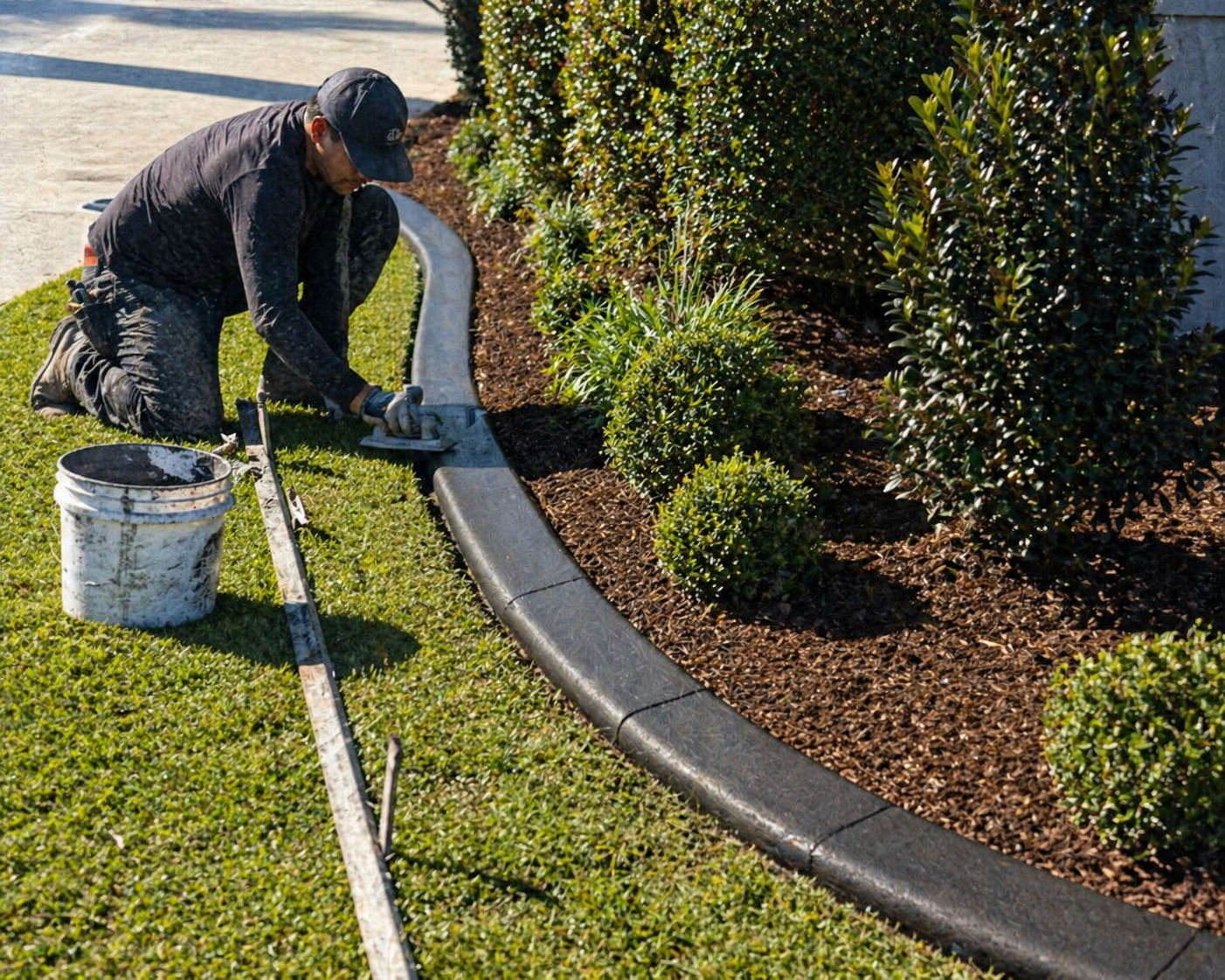 Worker troweling dark stamped concrete curbing being installed — Horry County SC